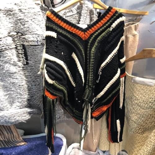 2021 New Contrast Color V-neck Autumn and Winter Fringed Pullover Knitted Long-sleeved Ladies Plus Size Sweater Female Stitching