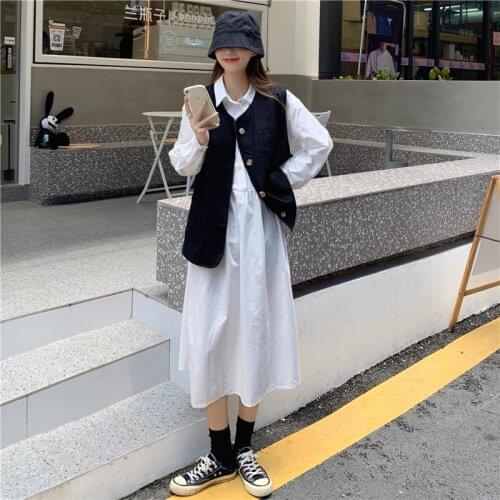 2021 New Korean Shirt Skirt + Sleeveless Vest Suit Female Student College Style White Dress Two-piece Dresses
