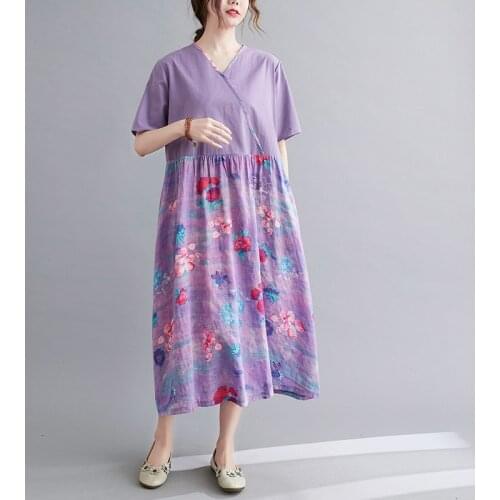 2021 New Arrival Short Sleeve Loose Summer Dress Patchwork Cotton Linen Print Floral V-neck Women Holiday Travel Casual Dress