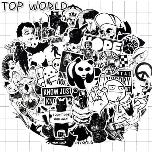 10/60pcs/lot Cartoon Black White Cool Stickers Anime Jdm Sticker For Moto Car Suitcase Cool Laptop Skateboard Sticker