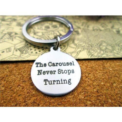 3pcs/lot 28mm stainless steel keyring with 20mm stainless steel circle "the carousel never stops turning" charms keyring