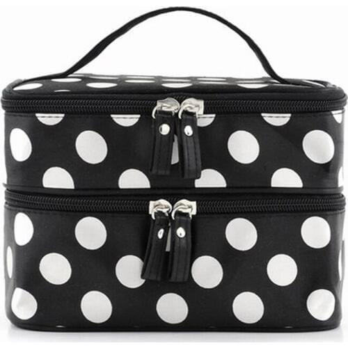 ASDS- Black Travel Cosmetics Make Up Bags Beauty Womens Organiser Toiletry Purse Handbag Polka Dots Design Gift