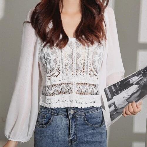 White Chiffon Stitch Knitted Hollow Out Korean Autumn Elegant Fashion Blouses And Tops WomenS Shirt Clothing 2021 Female