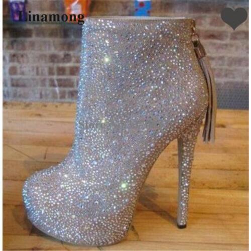 Brand Fashion Women Round Toe Bling Bling Round Toe High Platform Thin Heel Short Boots Zipper Tassels High Heel Ankle Boots