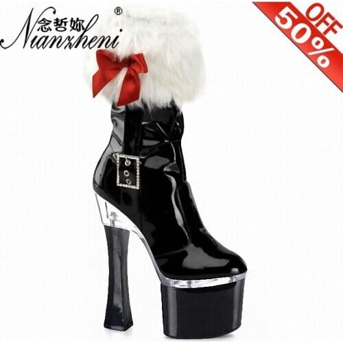 8 Inch High Heels Chunky Heels Luxury Shoes Women Design 18cm Ankle Boots Thick Pu Butterfly Buckle Strap Fluffy Party Shoes New
