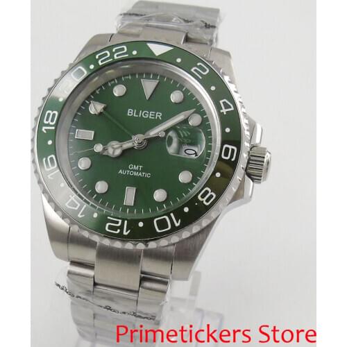 Sapphire crystal 40mm BLIGER green dial green ceramic bezel luminous GMT automatic movement mens watch
