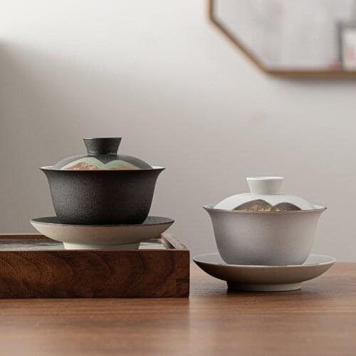 Japanese Style Hand Drawn In The Distant Gaiwan Porcelain Kung Fu Tea Set Tea Cup Tea Bowl Stoneware Tea Maker Cover Bowl