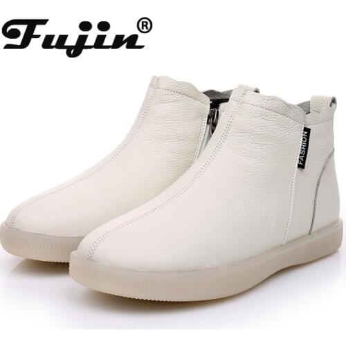 Fujin Genuine Leather Cow Women Ankle Boots Warm Wool Motorcycle Slip on Super Comfortable Booties Footwear Winter Shoes