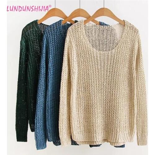 LUNDUNSHIJIA 2017 Autumn Women Mesh Fabric Sweaters Pullover O-neck Loose Knitted Sweaters Women Elegant Pullover Warm Knitwear