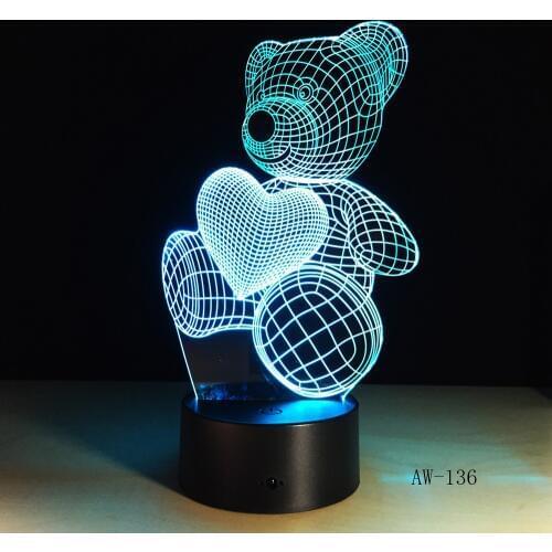 Cute Kid Gift USB Little Lovely Heart Bear 3D LED RGB Night Light Atmosphere Desk Table Lamp Girls Baby Bedroom Decor AW-136
