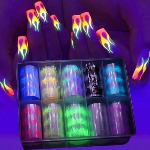 Nail Art Stickers Fluorescent Flame Shape PET Material Luminous Fire Nail Foil Decals Set for Party