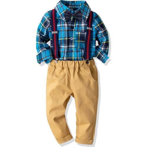 Oklady Baby Boys Clothing Sets Gentleman Childrens Long Blue Plaid Bow Tie Cotton Shirts Overalls Pants For 2-8Y Kids Clothes