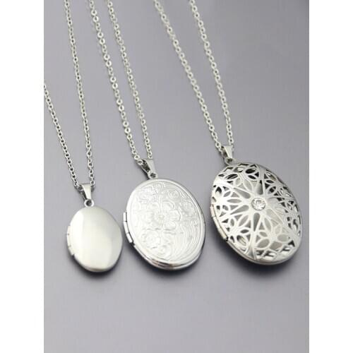 1Set Oval Lotus Flower Shell Photo Frame Stainless Steel Necklace Floating Locket Charm Necklaces Women Men Memorial Jewelry