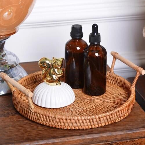 Hand-Woven Round Rattan Tray Fruit Snacks Storage Basket Organizer with Handle Storage Baskets for the living room bedroom