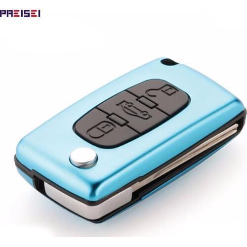 PREISEI New Aluminum Cyan 3 Buttons Flip Remote Car Key shells fob with Trunk for Peugeot 407 CE0536