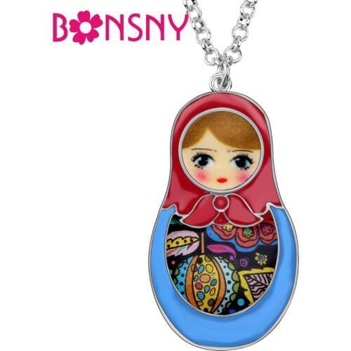 Bonsny Enamel Alloy Matryoshka Russian Doll Necklace Pendant Chain Choker Floral Ethnic Jewelry For Women Girls Teens Gift Party