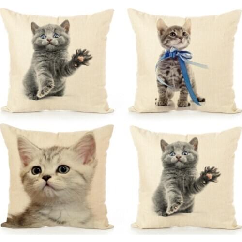 Cute Cat Printed Style Linen Pillow Cover and Animals Square Comfortable Home Decorative Cat Pillowcase