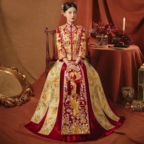 Chinese Style Bride Red Dragon Phoenix Embroidery Cheongsam Traditional Wedding Dress Evening Gown Robe