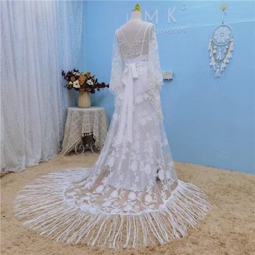 UMK Unique Bohemia Wedding Dress 2021 Lace Wrapped Two Piece Tassel Batwing Sleeve Beach Boho Bridal Gowns