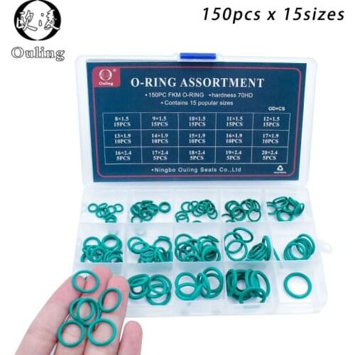 150pcs Green FKM O Rings Rubber Kit 15Sizes O ring Seal Rubber Sealing O-rings Washer Gasket O-Ring Set Assortment Set Kit Box