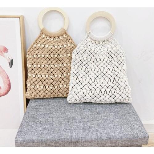 Female Summer Straw Bag Cotton Bag Handbag Beach Bag Double-sided Wooden Bead Bag a6284