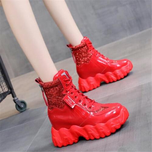 Autumn Chunky Sneakers Black Casual Vulcanized Shoes Woman High Platform Boots 7CM Lace Up High Top Leather Sneakers Women Mujer