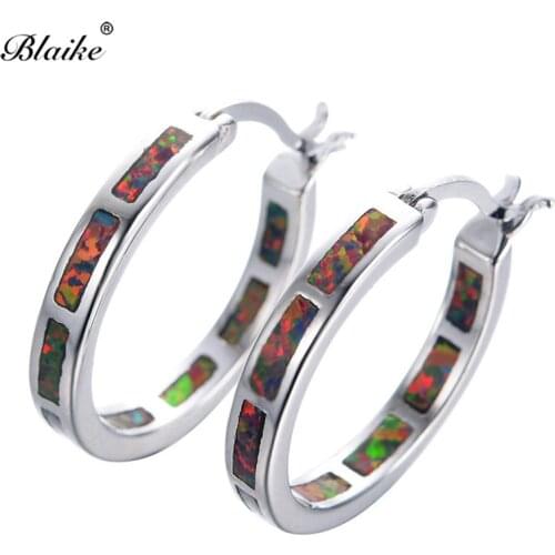 Blaike Unique Orange Fire Opal Hoop Earrings For Women Silver Color Birthstone Round Circle Earrings Boho Jewelry