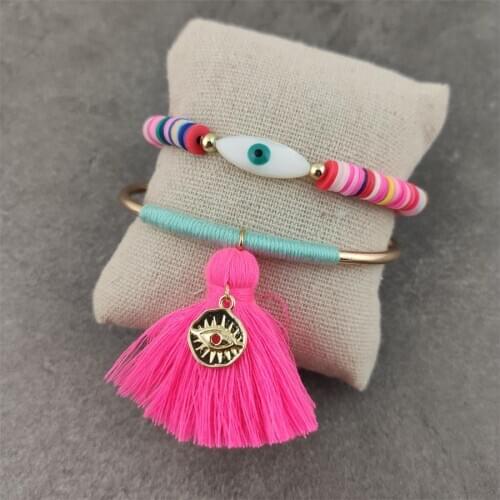 Shell Evil Eye Bracelet Boho Polymer Clay Beads Bracelet for women Friendship Bracelet Handmade Gift For women