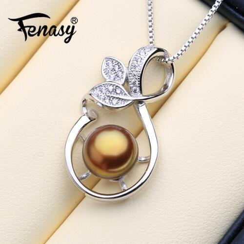 FENASY Natural Freshwater Pearl Pearl Pendant Necklaces For Women 925 Sterling Silver Leaf Pendant And Brown Pearl Party Jewelry