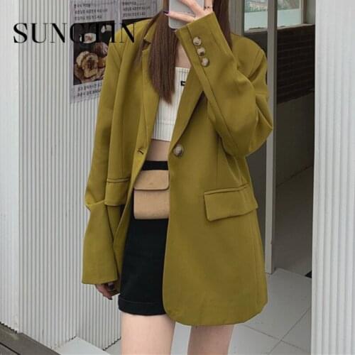 Sungtin Casual Fall Solid Long Sleeve Loose Blazers for Women Single Button Fashion Blazers Femme Korean Womens Spring Jacket