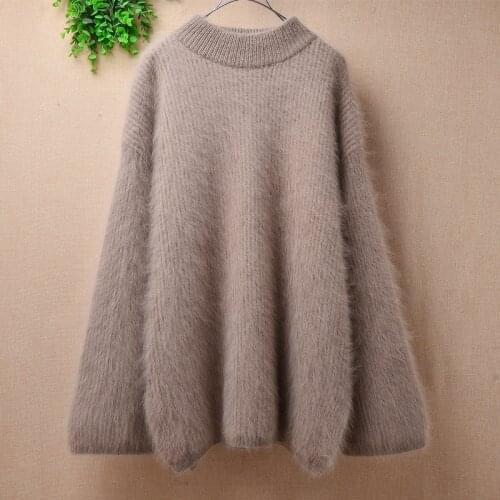 Ladies women fashion Fall winter thick hairy mink cashmere knitted long flare sleeves loose pullover angora fur jumper pull top