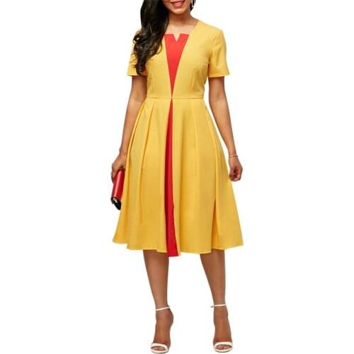 European Style Women Summer Fashion Elegant Office Lady Sexy Slim Party Dress Casual High Waist4 Patchwork V-neck A-line Dress