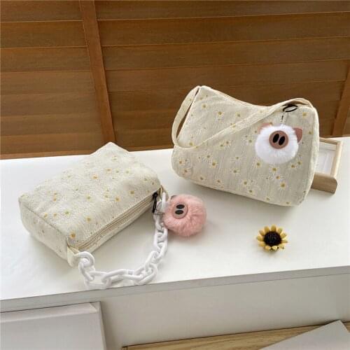 2021 Spring Women Mini Canvas Handbag Daisy Small Tote Ladies' Underarm Bag Zipper Half Moon Bags Embossed Flower Cloth Purse