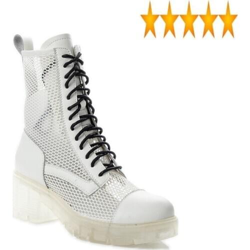 Women Summer Shoes Breathable Leather Transparent High Heels Mesh Leisure Lace Up Chunky Heel Classic Black White Boots