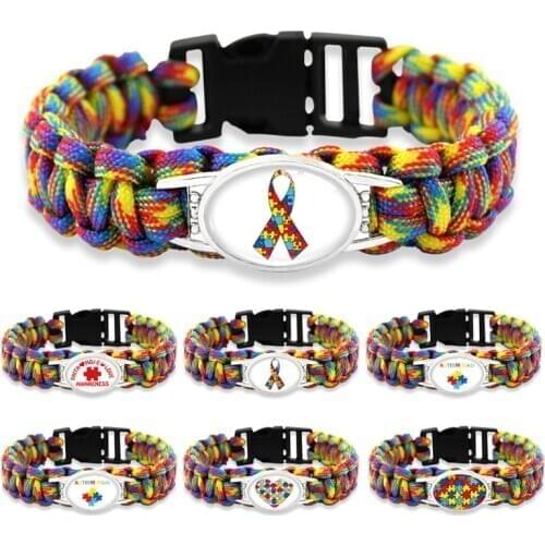 Puzzle Piece Autism Awareness Bracelets Hope Colorful 25*18mm Glass Cabochon Survival Paracord Charm Bracelets Men Women Jewelry