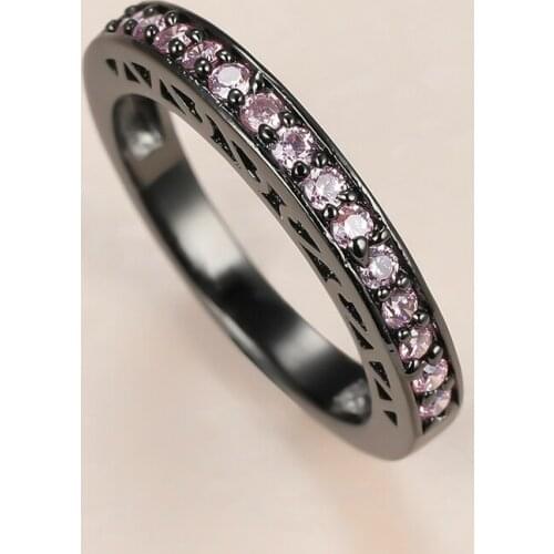 Cute Female Pink Crystal Stone Ring Luxury 14KT Black Gold Wedding Rings For Women Simple Round Zircon Thin Engagement Ring