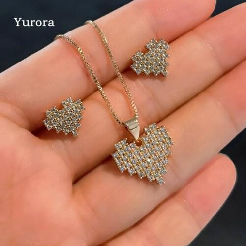 Vintage Small Heart Cubic Zirconia Jewelry Sets Gold Plated Chain Pendant Choker Necklace Stud Earring Korean Fashion Jewlery CZ