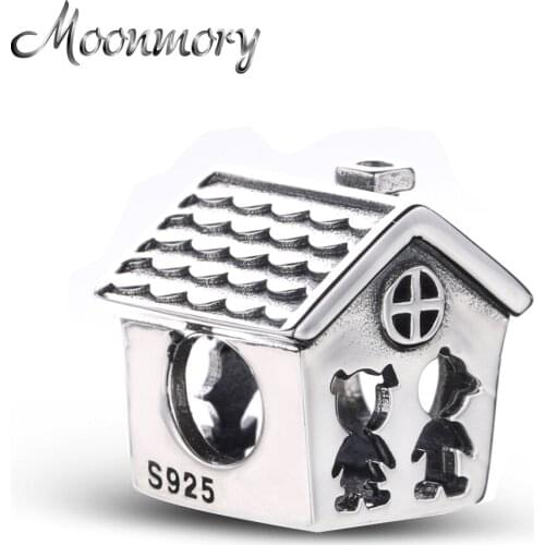 Moonmory Real 925 Sterling Silver Square House Charm Boy & Girl Family Bead Fit For Brand Bracelet and Bangles Christmas Gift