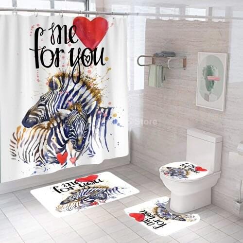 Cartoon Zebra Love Shower Curtain Animal Bathroom Curtain Bath Set Toilet Cover Mat Non-Slip Washroom Rug Set Modern 180x180cm
