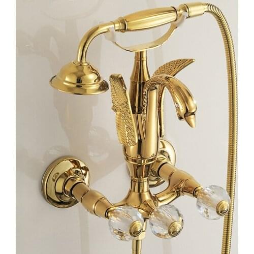 Bathtub Shower Faucet Set with Hand Brass Wall Mounted Shower Mixer Gold Swan Rain Shower Faucets Set Luxury Rainfall Shower Set