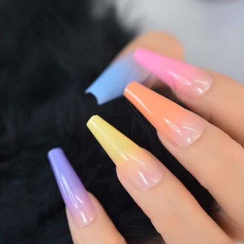 Glossy Ombre Rainbow French Coffin False Nails Summer Colorful Super Long Fake Ballet Nail Yellow Pink Purple Nude Reusable Wear