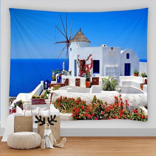 Seaside Scenery Beach Tapestry Sea View Wall Hanging Carpet Mediterranean Tapestry Hippie Wall Cloth Room Home Decoration