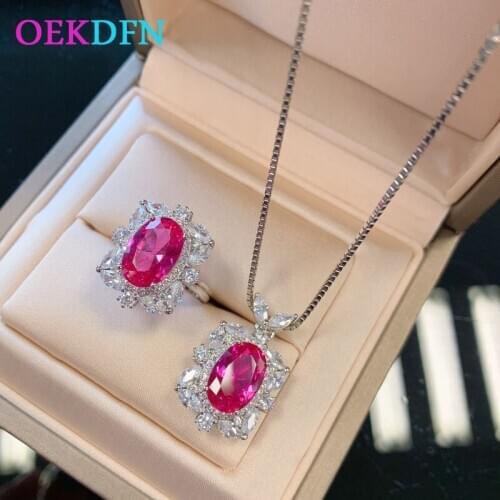 OEKDFN Oval Ruby Gemstone Pendant/Necklace/Rings Wedding Cocktail Jewelry Sets Solid 925 Sterling Silver Jewelry Set Anniversary