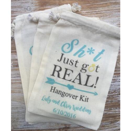 Custom blue just got ready wedding Party Hangover Kits jewelry favor muslin Bags Bachelorette hen bridal shower favors