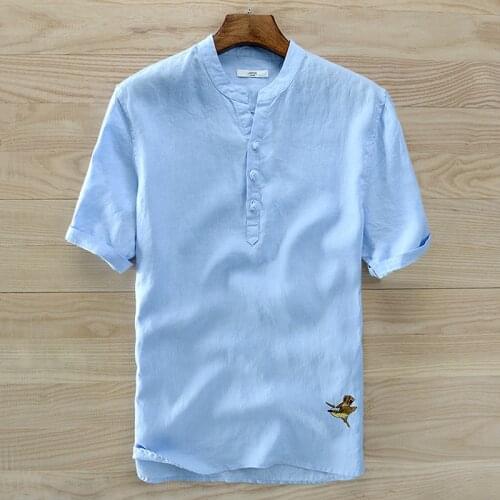 2018 New design French style short-sleeved linen shirts men casual breathable summer shirt men sky blue chest 120cm big camiseta