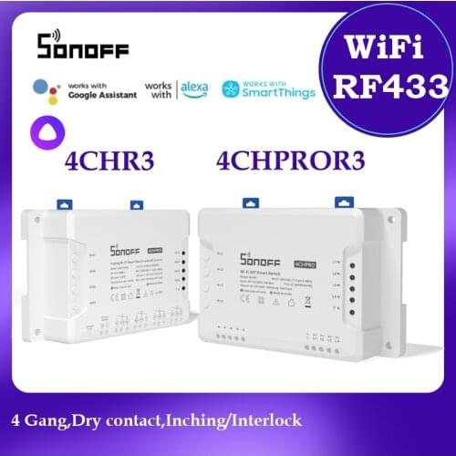 SONOFF 4CH-PRO-R3 compatible with alexa google 4-gang wifi smart switch with RF control garage door blind fan TV air conditioner