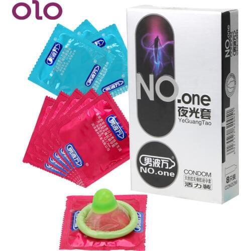 OLO 8 Pcs/Box Luminous Cock Condom Ultra Thin Lubricated Ejaculation Delayed Night Glowing Latex Penis Sleeve Sex Toys for Men