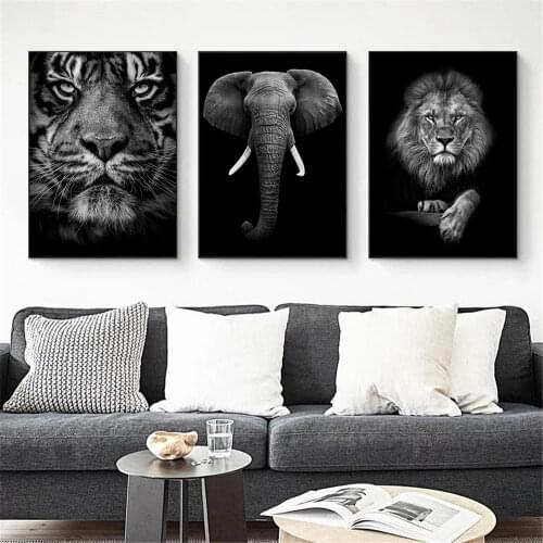 Modern Black And White Animal Canvas Painting Tiger Elephant Lion Wall Art Print Nordic Poster Wall Pictures Living Room Decor