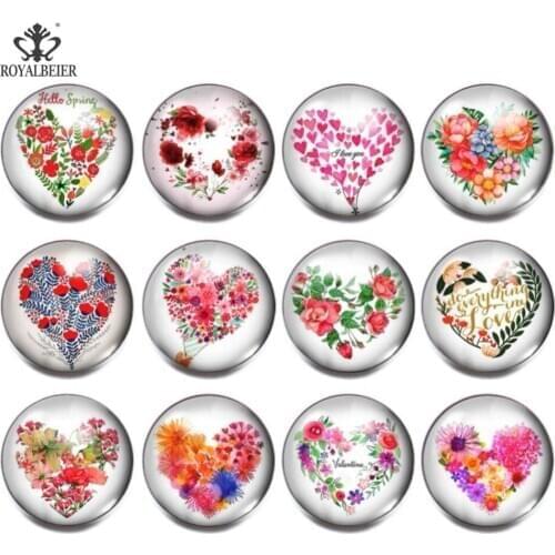 Royalbeier 12pcs/lot Glass Snaps Mixed Heart Flower Pattern 18mm Snaps Buttons Glass Beads Fit 18mm Snap Bracelet Jewelry