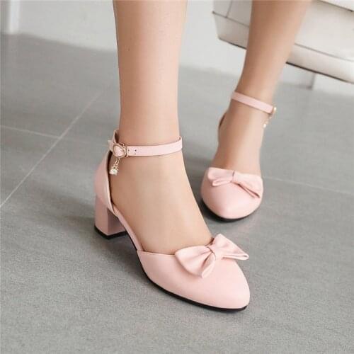 YQBTDL Summer Pink Lolita Block Heel Shoes Closed Toe Butterfly-knot Ankle Buckle Black Beige Cute Bow High Heel Sandals Party